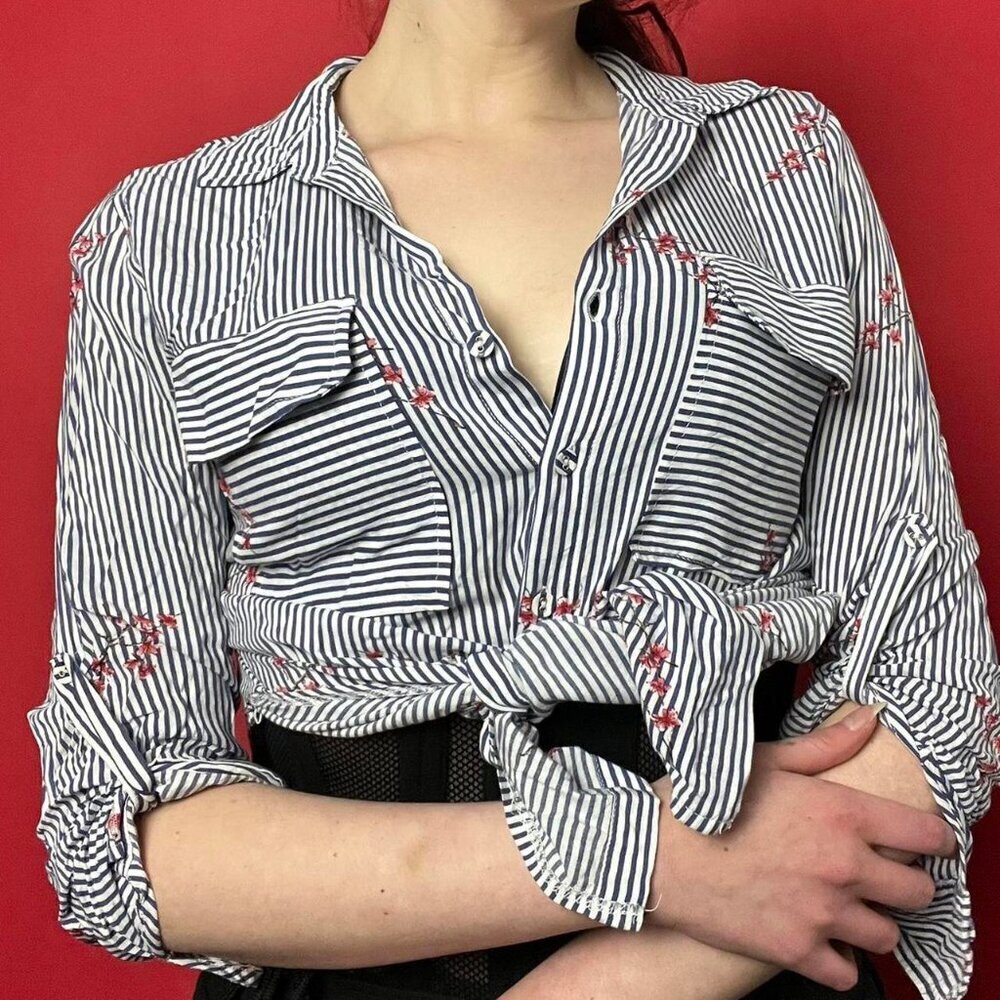 Sunny girl /  Blue and white striped blouse with cherry blossoms​​​